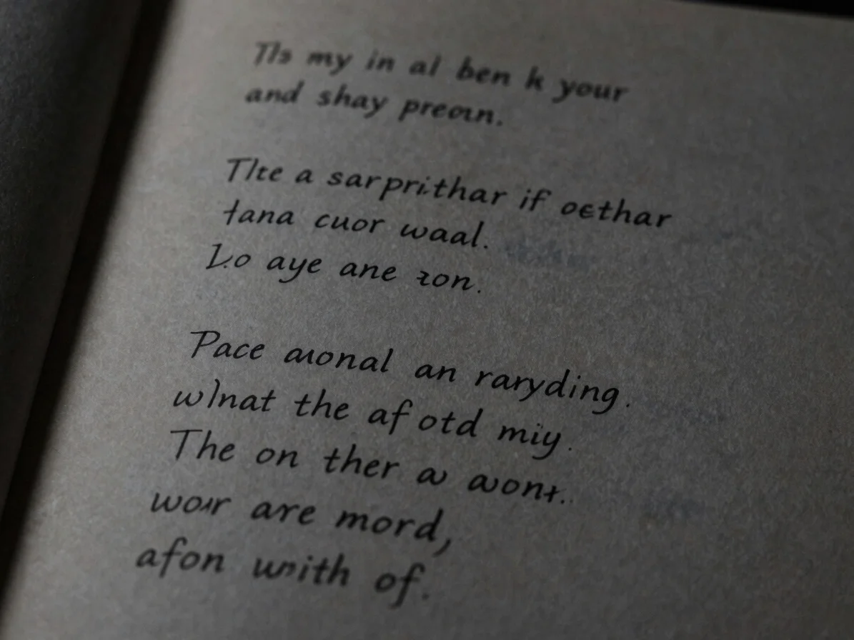 Close-up of handwritten poetry on aged paper, low-key lighting, deep shadows, 35mm film grain.