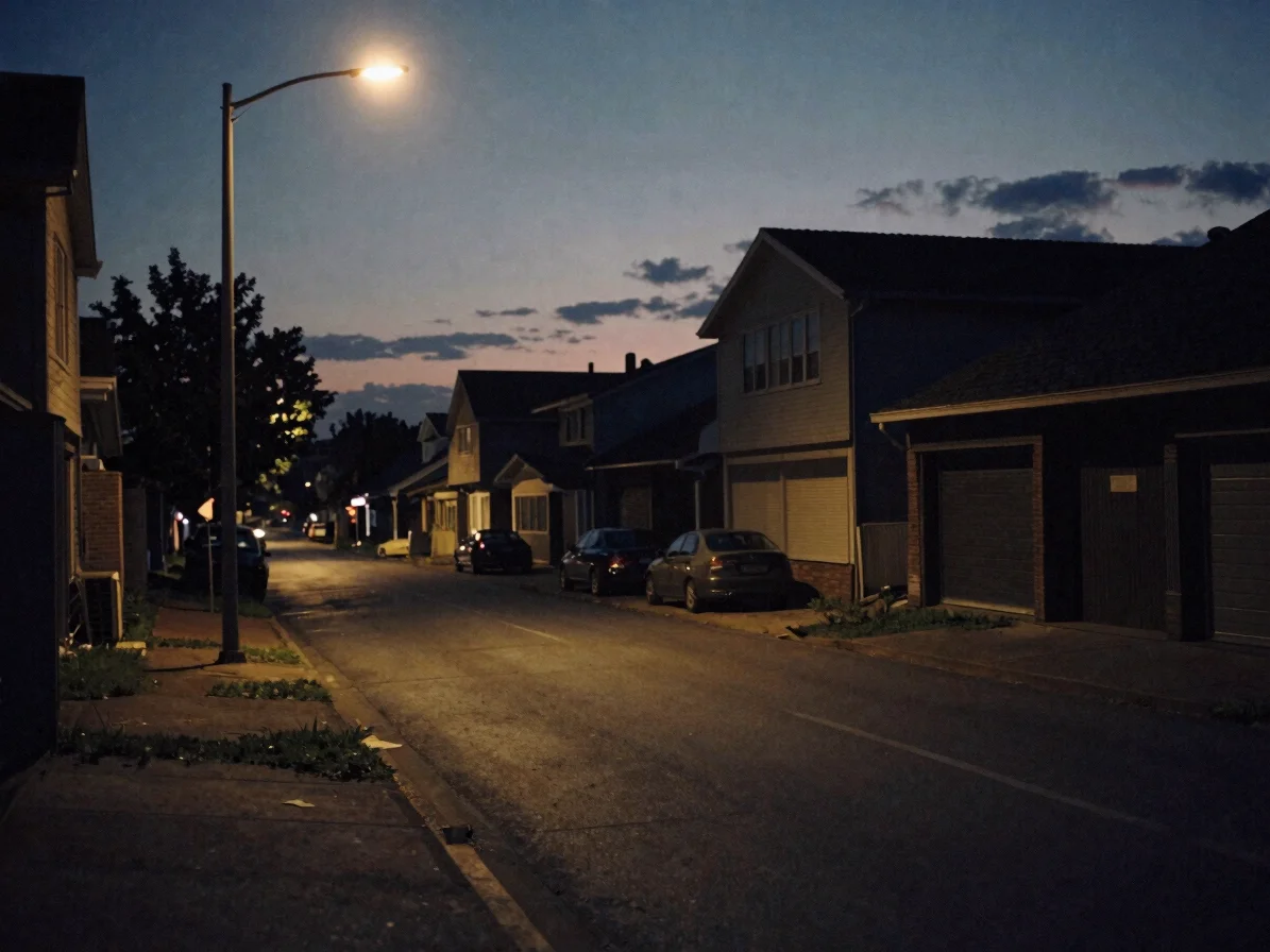 Atmospheric shot of a quiet urban street at twilight, streetlights casting long shadows, moody film photography.