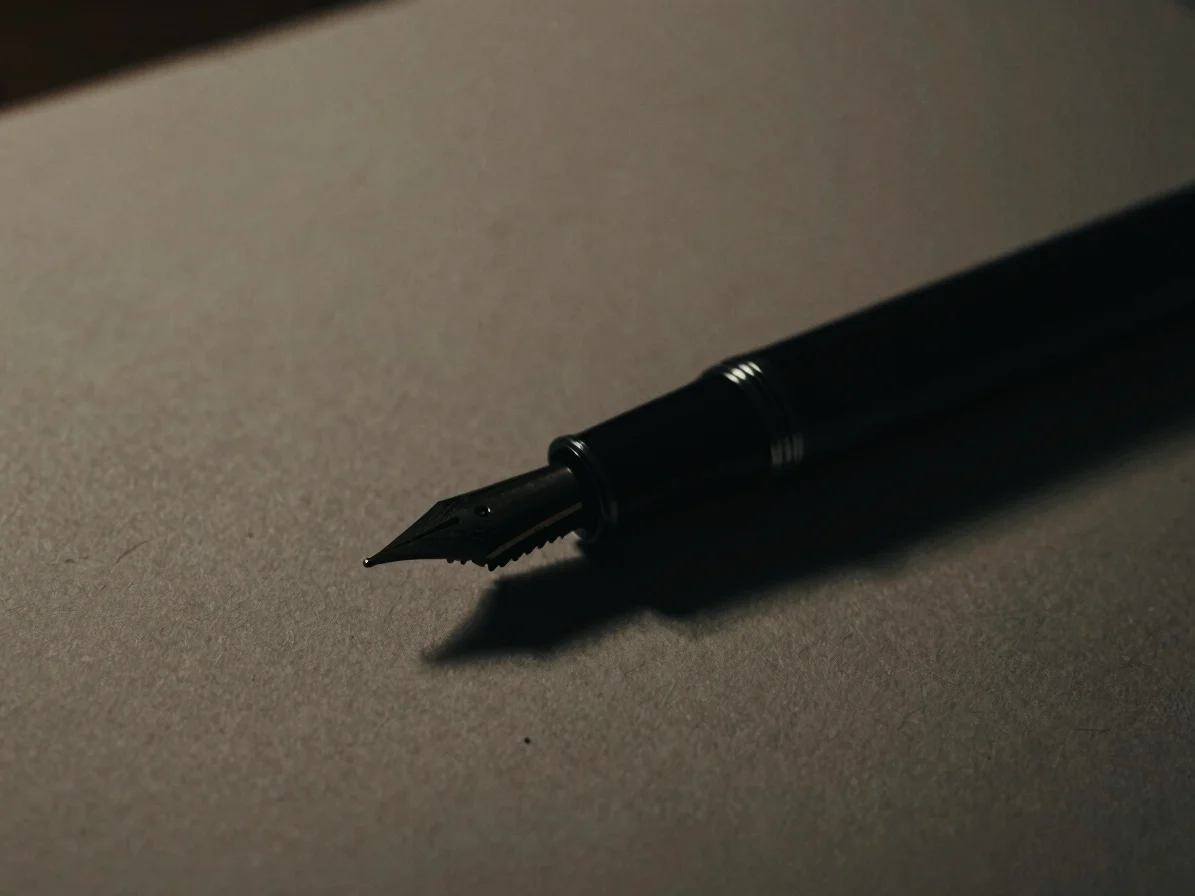 Close-up of a fountain pen with fresh ink on textured paper, deep chiaroscuro, subtle paper grain.