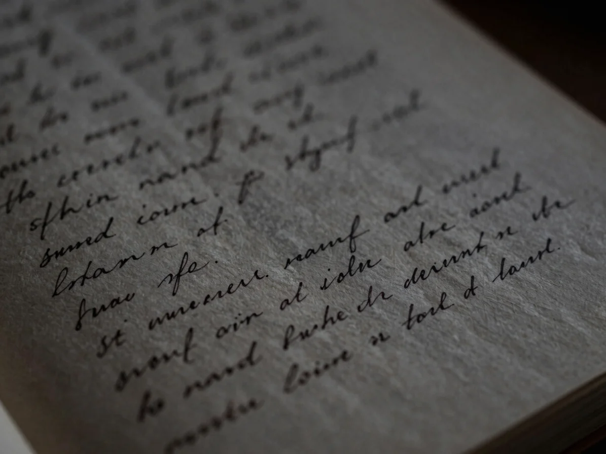 Close-up of a handwritten manuscript page, fountain pen ink on te