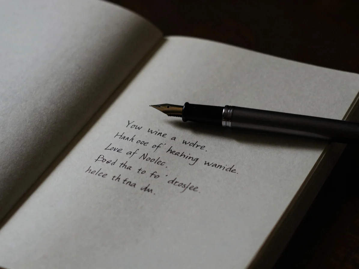 Close-up of a partially filled notebook, fountain pen resting on