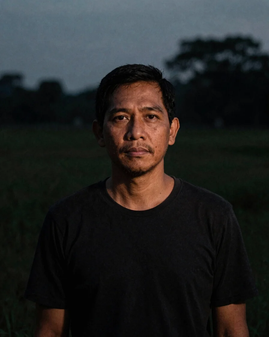 Moody 35mm portrait photograph of a Filipino male writer in low-k