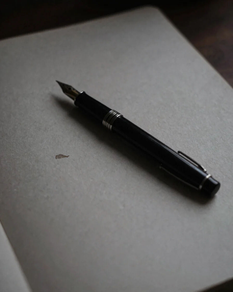 Wide panoramic shot of a vintage fountain pen poised over texture