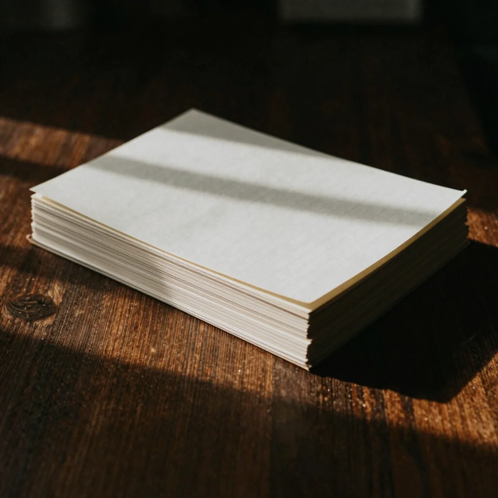 Stack of old, bound notebooks on a dark wooden desk, gentle lamplight casting long shadows, subtle paper grain.
