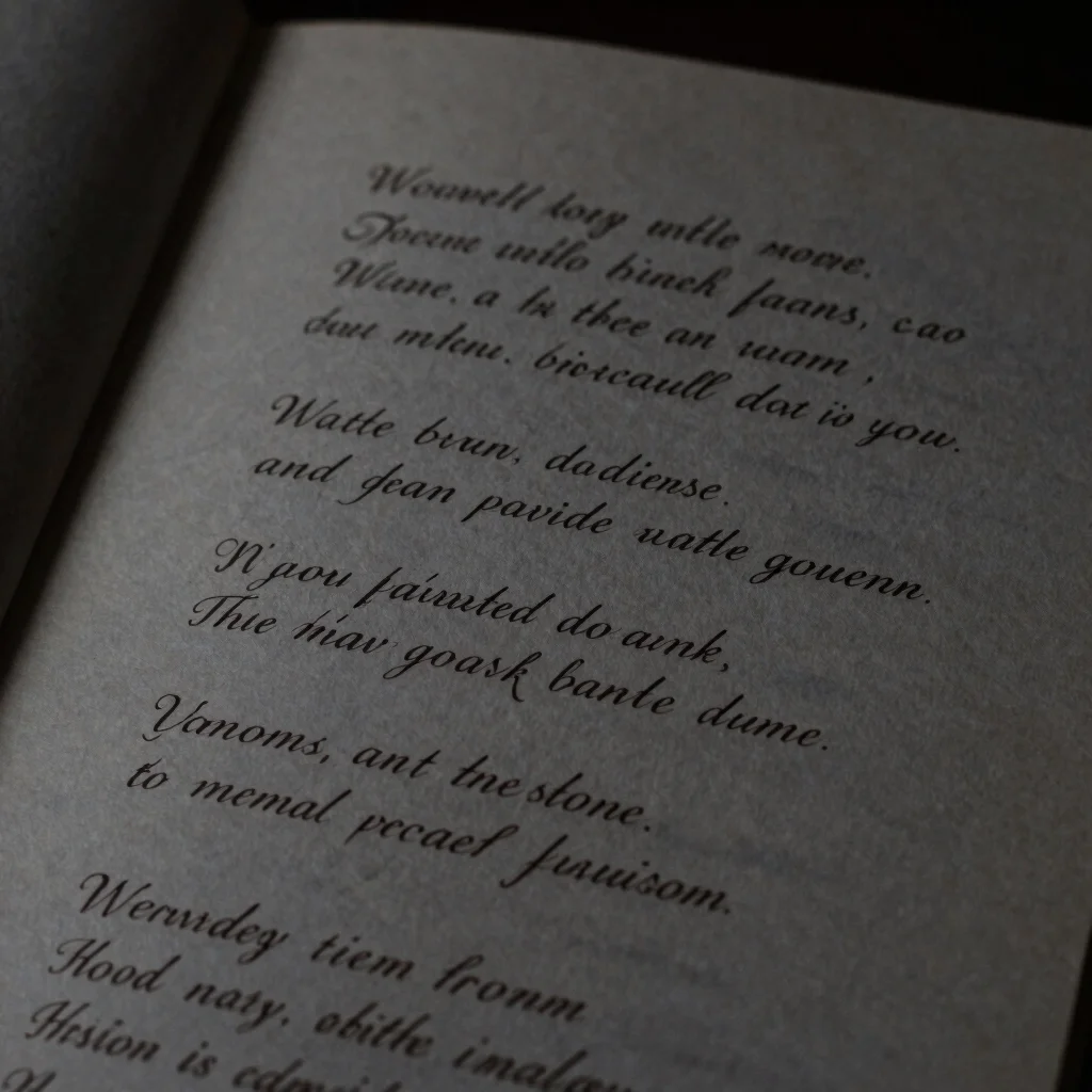 Detail of a handwritten poem, elegant serif script, on aged paper, low-key lighting, dark tones, 35mm.