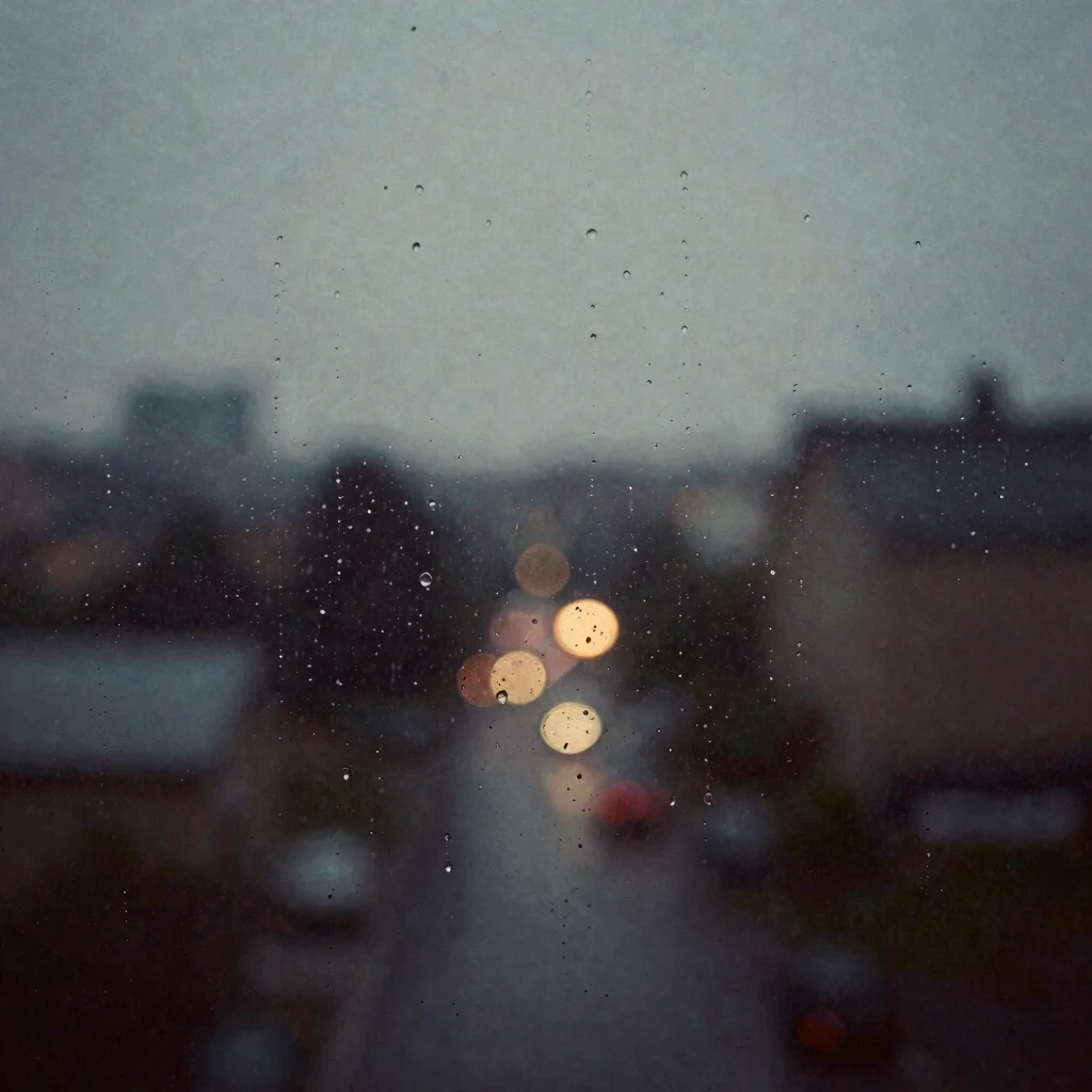 Atmospheric shot of rain on a windowpane, blurred city lights in the background at dusk, dark desaturated tones, film ph