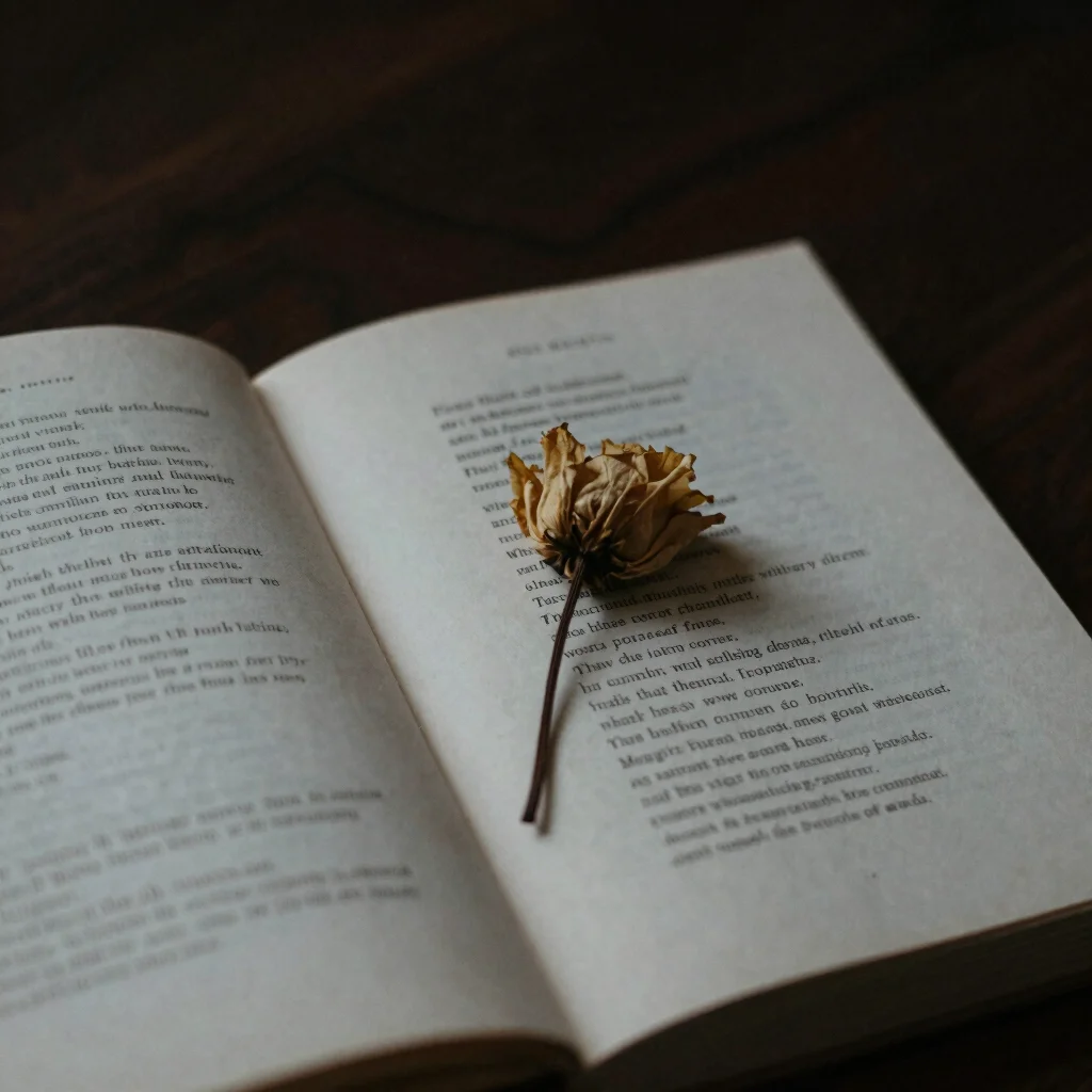 Open book with a page of poetry, a single dried flower pressed between the pages, soft, low-key lighting, deep shadows.