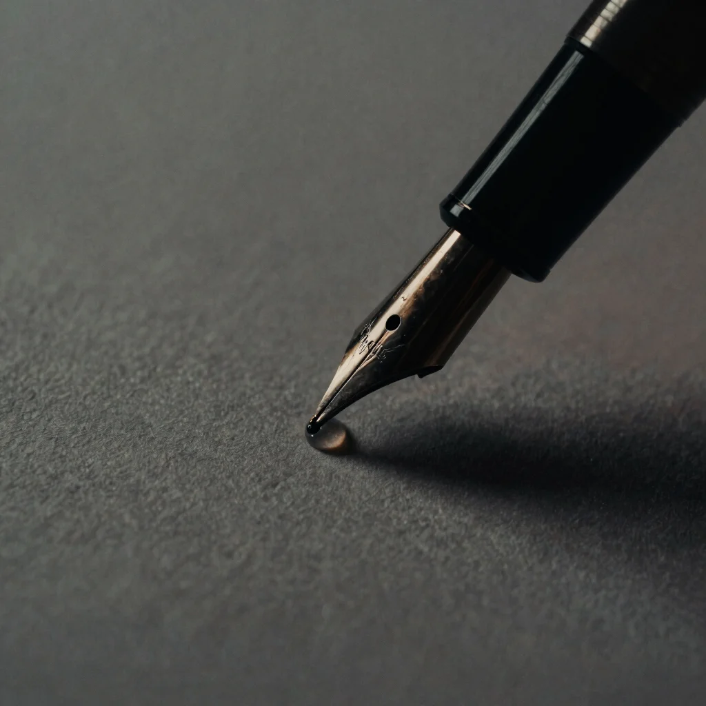 Close-up of a fountain pen nib touching textured paper, a single drop of ink, low-key lighting, chiaroscuro.